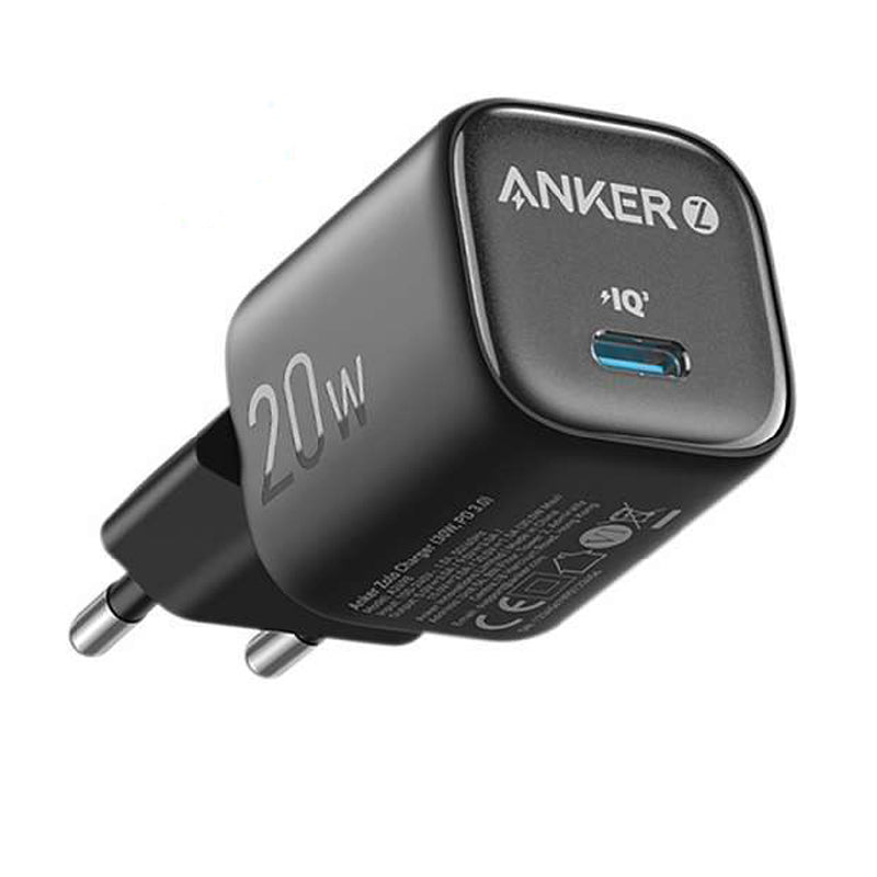 Anker Zolo 20W charger adapter, compact USB-C power adapter for fast charging devices, black with port openings visible.
