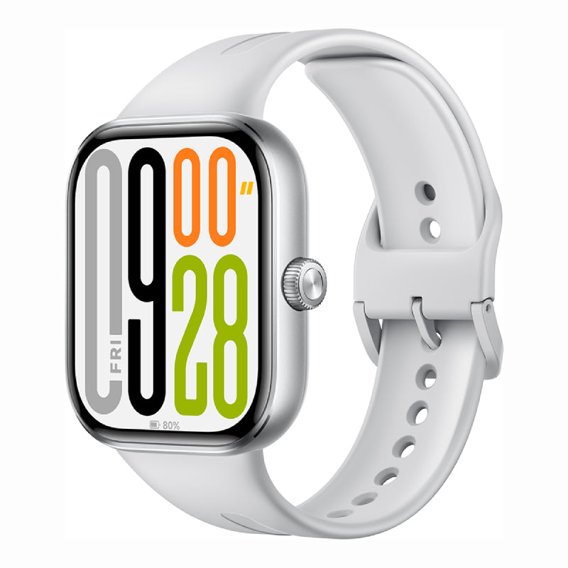 Xiaomi Redmi Watch 5 smart watch with black band and digital display showing time and fitness stats.