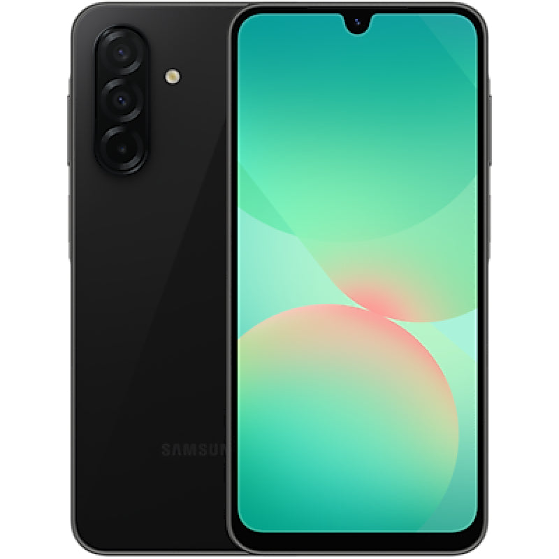 Samsung Galaxy A26 5G smartphone with a large display, sleek design, and multiple color options, shown from the front view.