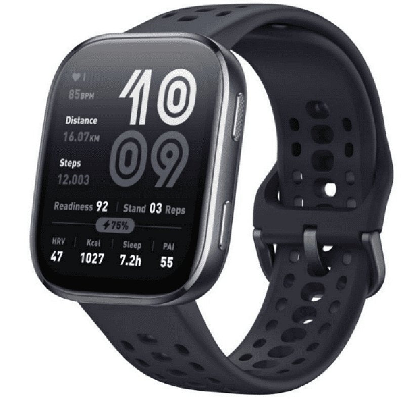 Amazfit Bip 6 Smart Watch with 1.97-inch display showing digital time and fitness tracking features, black band and sleek design.