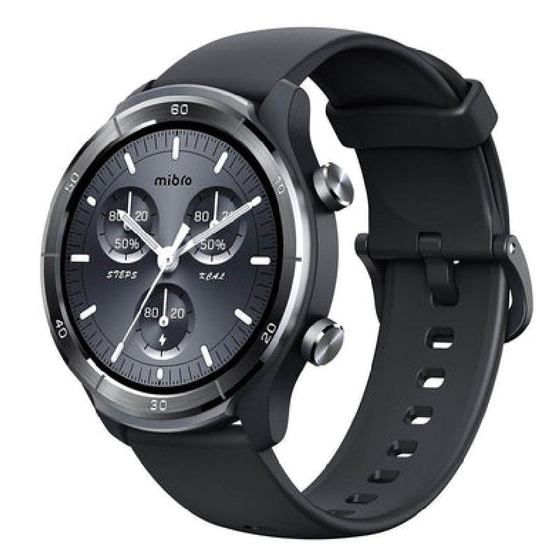 Mibro A3 Smart Watch with black band, digital display showing time and fitness stats on a sleek, modern smartwatch screen.