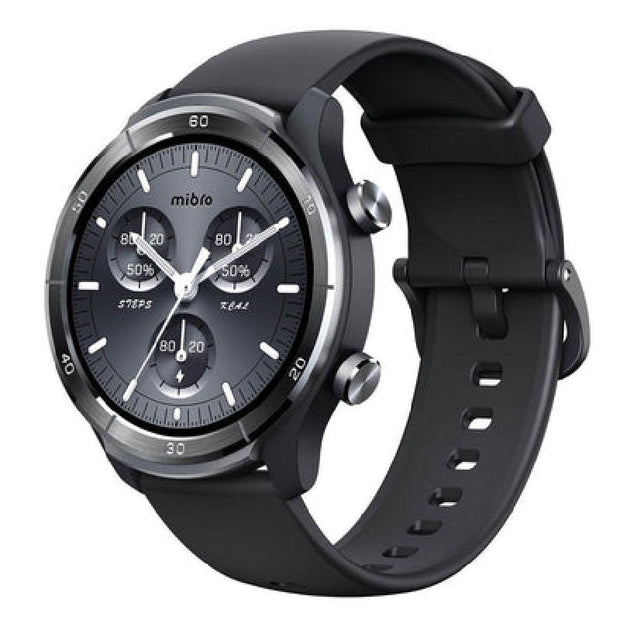 Mibro A3 Smart Watch with black band, digital display showing time and fitness stats on a sleek, modern smartwatch screen.