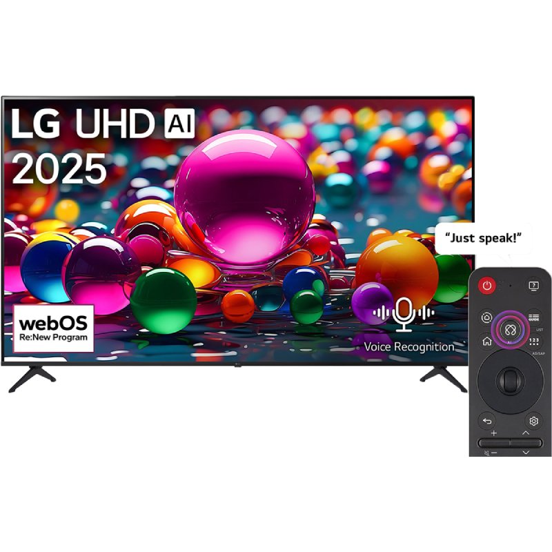 LG 50 inch 4K UHD LED Smart TV with built-in receiver, displayed with a sleek black screen and modern slim design.