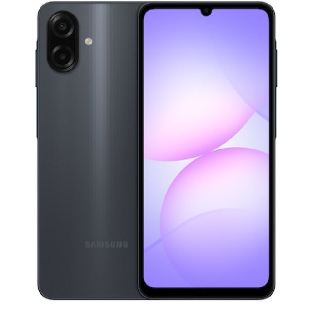 Samsung Galaxy A07 smartphone with large screen, sleek design, and multiple camera lenses, shown in a close-up view.