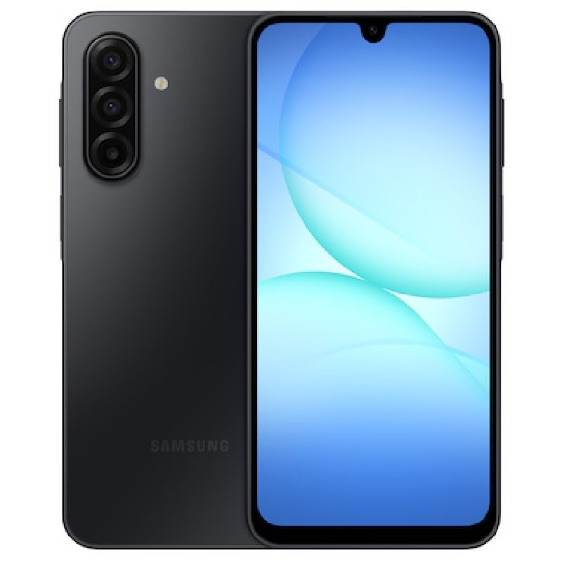 Samsung Galaxy A17 smartphone with large display, sleek design, and multiple camera lenses, showcasing its modern features.