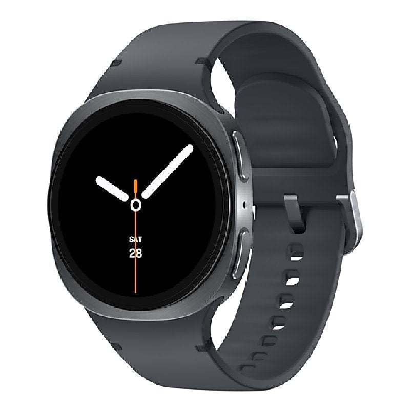 Samsung Galaxy Watch 8 smart watch showing digital display with fitness tracking and notifications.