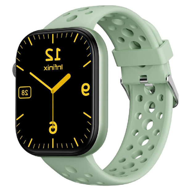 Infinix H4 XW4L smart watch with a sleek black band and digital display showing time and fitness data.