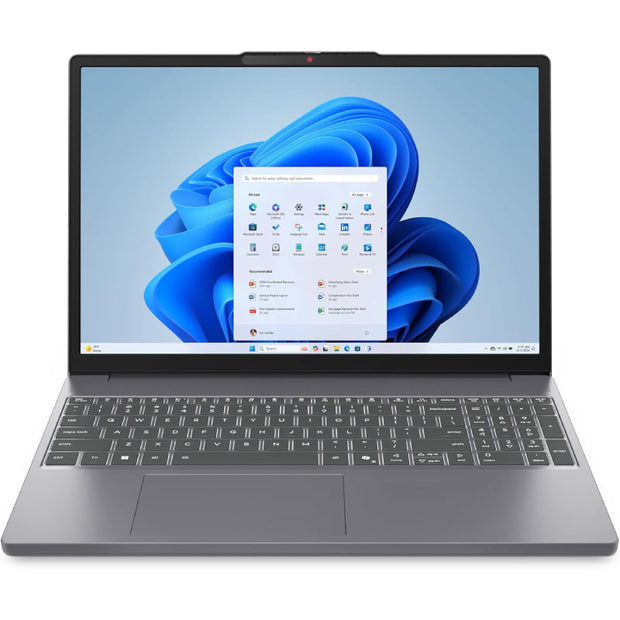 Lenovo IdeaPad Slim 3 laptop with i7 processor, 16GB RAM, and 512GB SSD, open showing keyboard and screen.