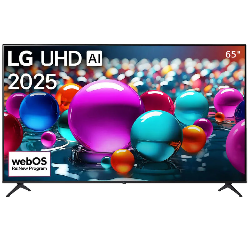 LG 65-inch 4K UHD Smart TV with webOS25 and AI features, displaying vibrant home entertainment visuals.