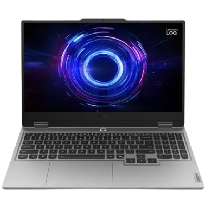 Lenovo LOQ Essential laptop with i7-13650HX, 16GB RAM, 512GB SSD, and RTX 5050 graphics, open showing keyboard and screen.