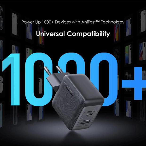 Oraimo 33W GaN charger with Type-C cable, compact fast-charging adapter for smartphones and devices, black color.