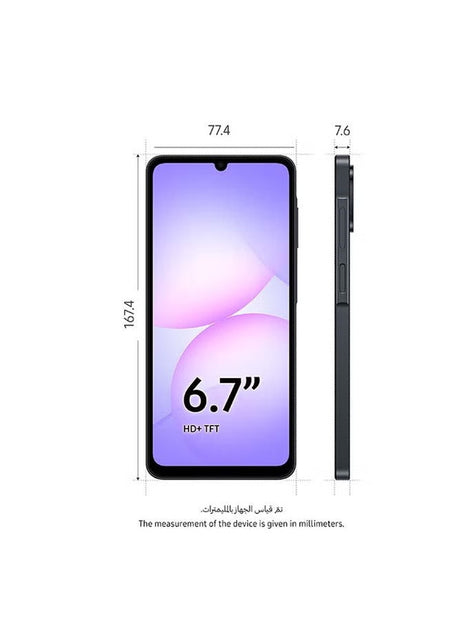 Samsung A07 smartphone in black with 128GB storage, 4GB RAM, dual SIM, 4G LTE connectivity, displayed on a plain background.