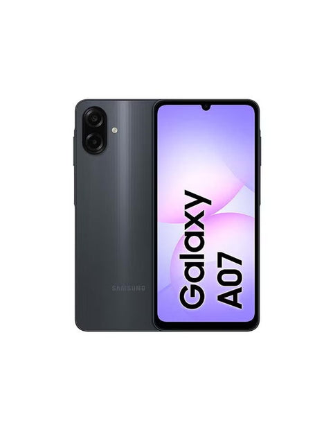 Samsung A07 smartphone with 128GB storage, 4GB RAM, dual-SIM, 4G LTE in black, shown from the front with a sleek design.