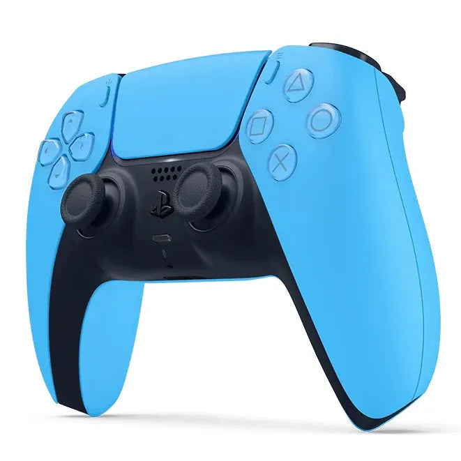 Sony DualSense wireless controller for PlayStation 5 with ergonomic design and illuminated buttons, shown in black color.