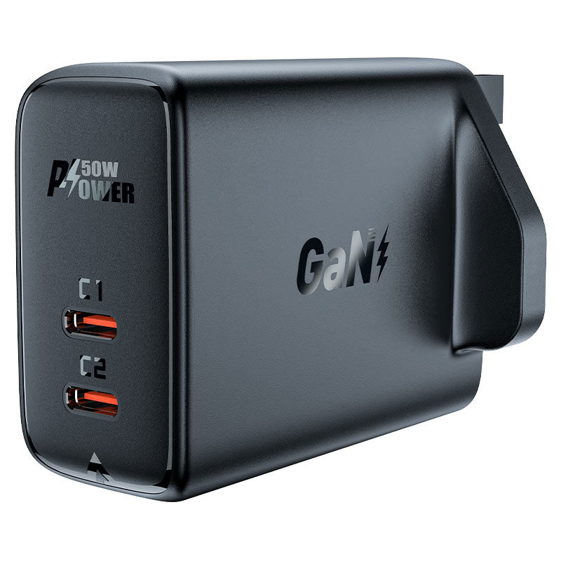 Acefast fast charger adapter with two USB-C ports, 50W power delivery, black color, compact design, suitable for quick device charging.