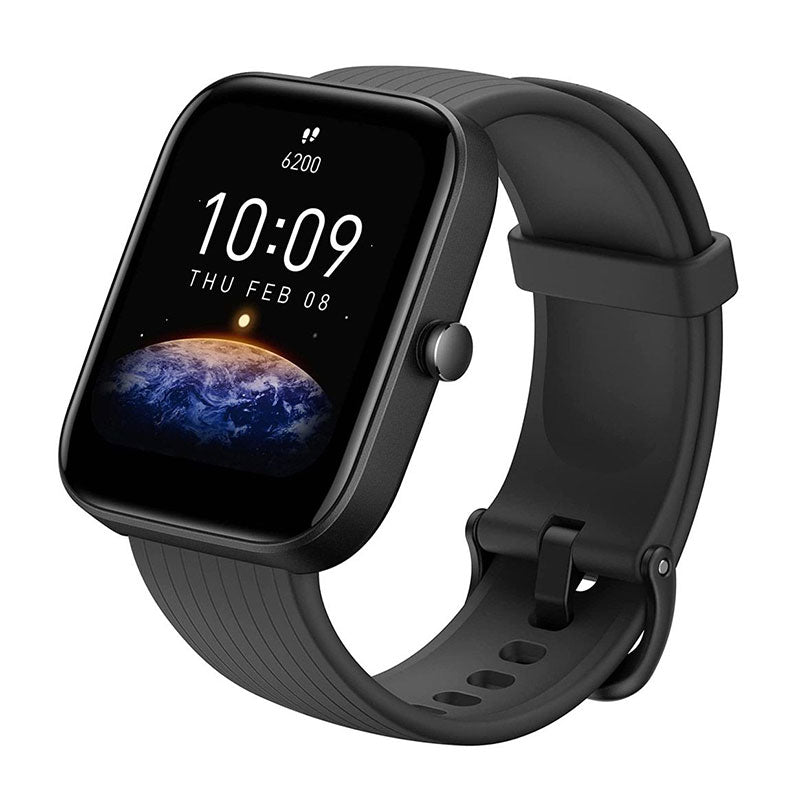 Amazfit Bip 3 Pro smart watch with 1.69-inch display in black, showing fitness tracking features and digital watch face.