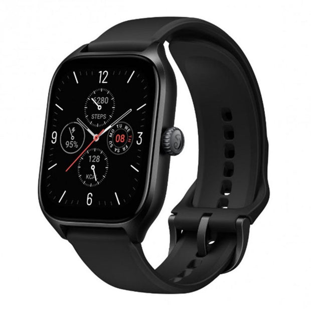 Amazfit GTS 4 1.75-inch black smart watch showing a digital display with fitness and notification icons.