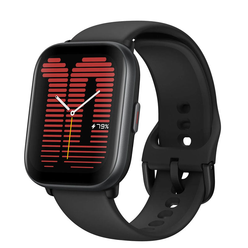 A black Amazfit Active Smart Watch displaying time and fitness tracking features on its screen.