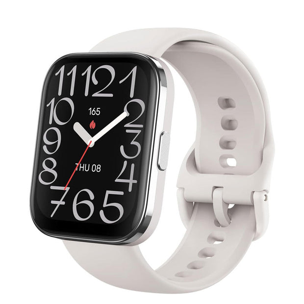 Amazfit Bip 5 Unity smart watch in gray with digital display and sleek band, showcasing its modern design and health tracking features.