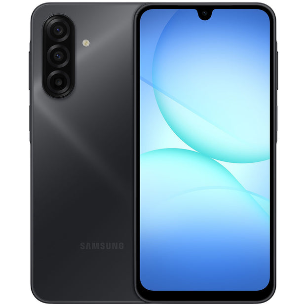 Samsung Galaxy A17 smartphone in light blue with dual SIM, 128 GB storage, 6 GB RAM, 4G LTE, showing front and back views.
