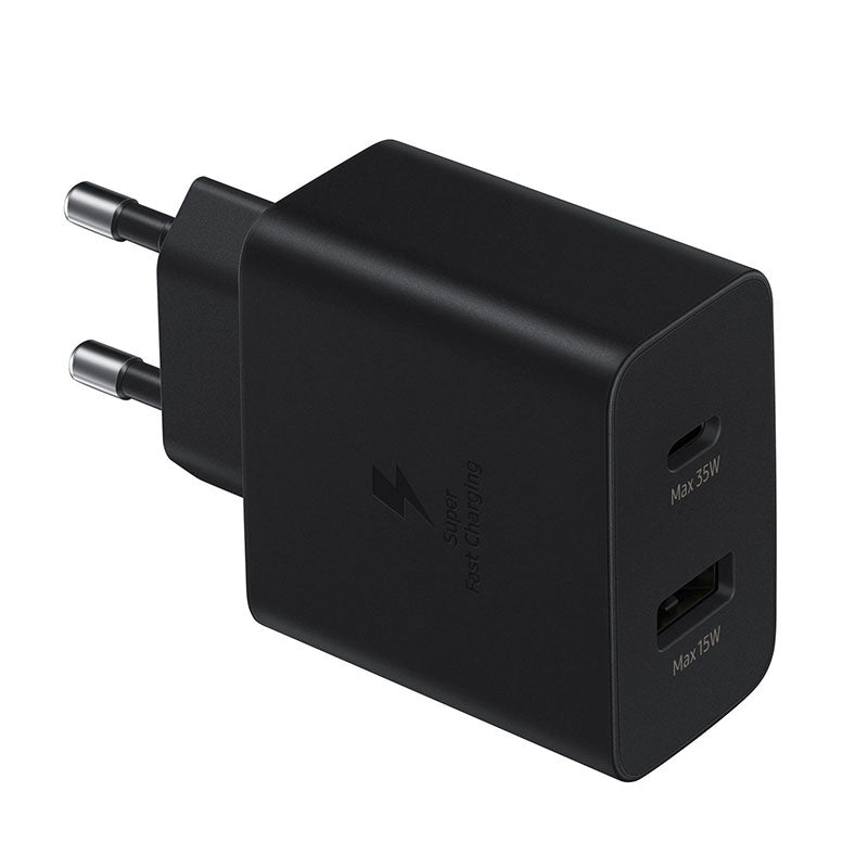 Samsung EP-TA220 USB-C to USB-A Duo 35W charger in black with dual ports for fast charging and versatile device compatibility.