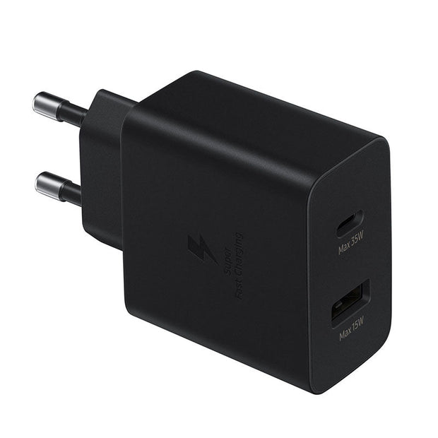 Samsung EP-TA220 USB-C to USB-A Duo 35W charger in black with dual ports for fast charging and versatile device compatibility.