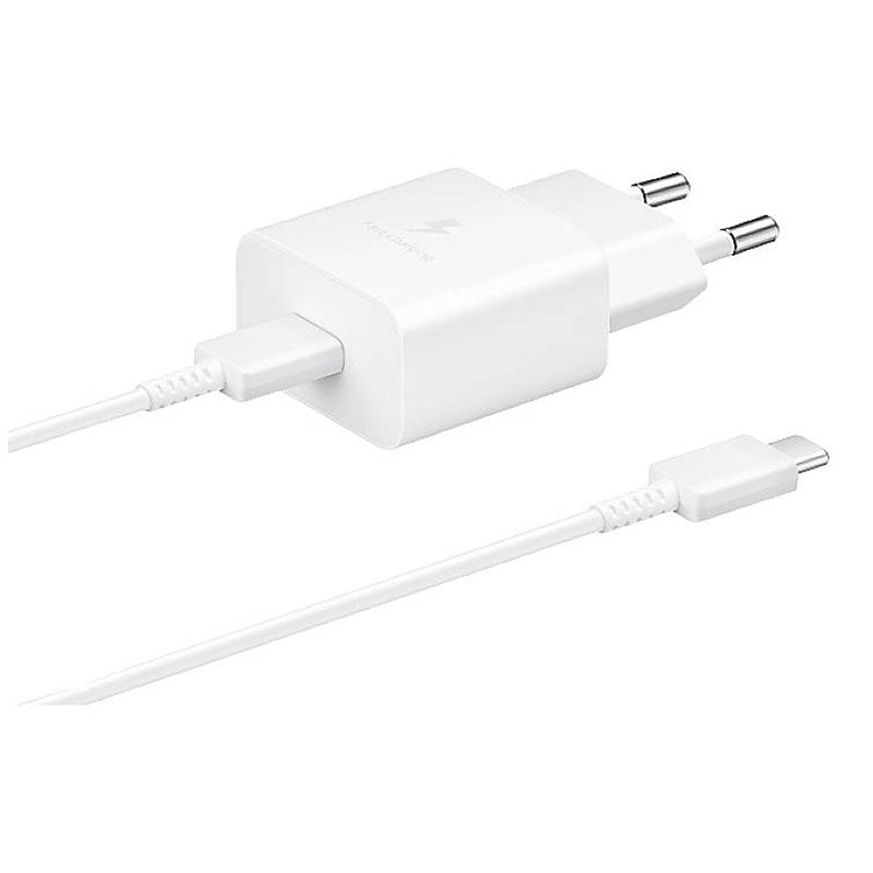 Samsung 15W Type-C to Type-C charger adapter, white home charger for fast charging devices.