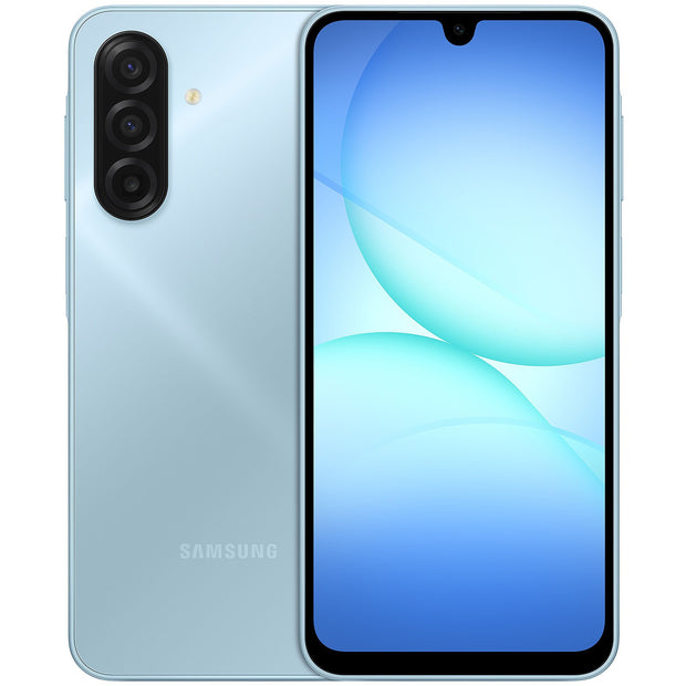 Samsung Galaxy A17 smartphone in light blue with 128GB storage and 6GB RAM, featuring dual-SIM and 4G LTE connectivity.