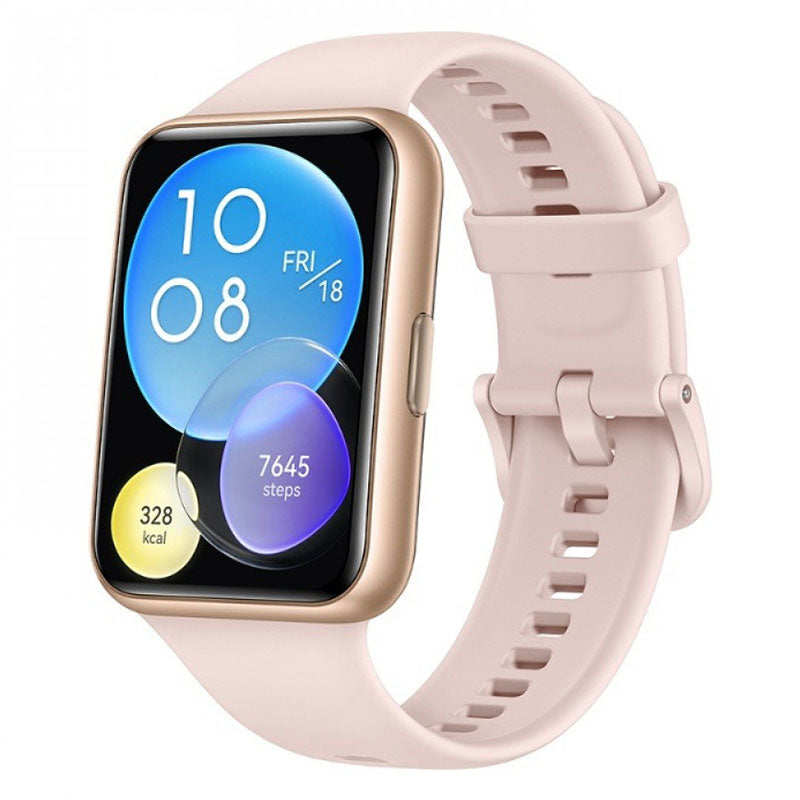 Huawei Watch Fit 2 smart watch with a 1.74-inch display, pink band, and sleek fitness tracker design.