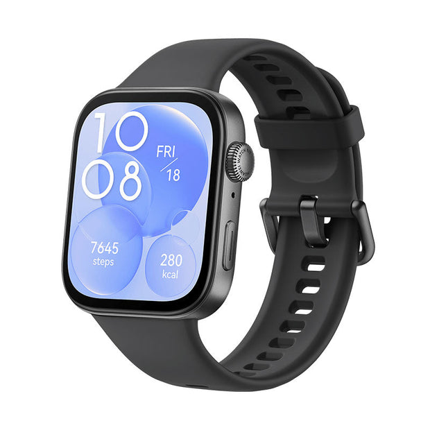 Huawei Watch Fit3 smart watch with black band, display showing fitness stats and time, sleek and modern design.