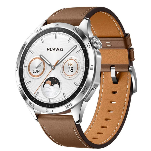 Huawei Watch GT4 Classic 46MM smart watch with brown leather strap and round display, showcasing its elegant design.
