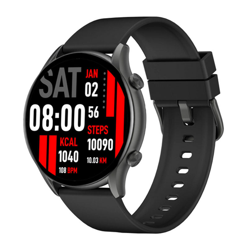 Kieslect KR smartwatch with 1.32-inch black display, sporty design, and digital watch face showing time and fitness metrics.