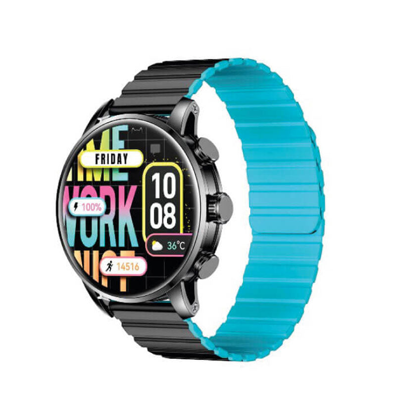 Kieslect KR2 1.43-inch black smart watch displaying a digital clock and fitness tracking features.