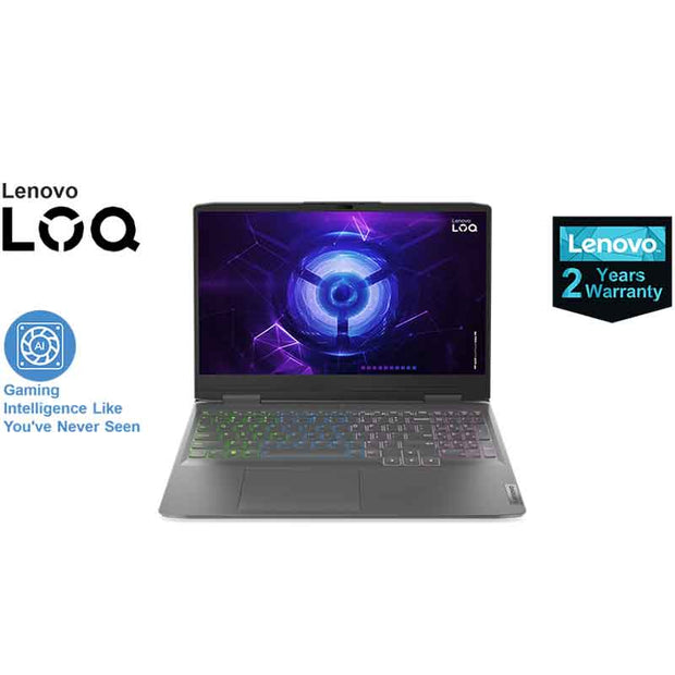 Lenovo LOQ 15IRX9 gaming laptop with Intel i7-13650HX, 16GB RAM, 512GB SSD, and RTX 3050 graphics, open screen display.