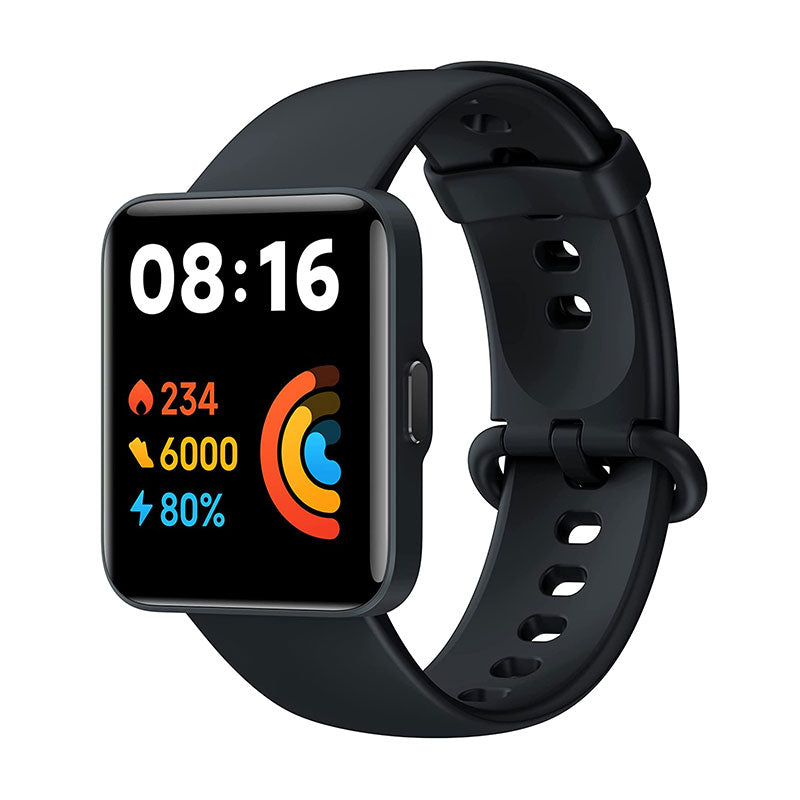 Xiaomi Redmi Watch 2 Lite smart watch in black with 1.55-inch display showing time and fitness tracking features.