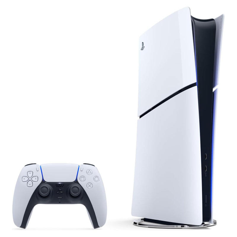 Sony PlayStation 5 Slim 1TB SSD console with wireless controller, sleek design, and new project packaging.