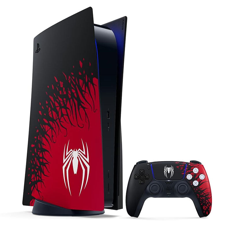 Sony PlayStation 5 console with Spider-Man 2 Limited Edition design, featuring sleek white and black aesthetic with Spider-Man artwork.