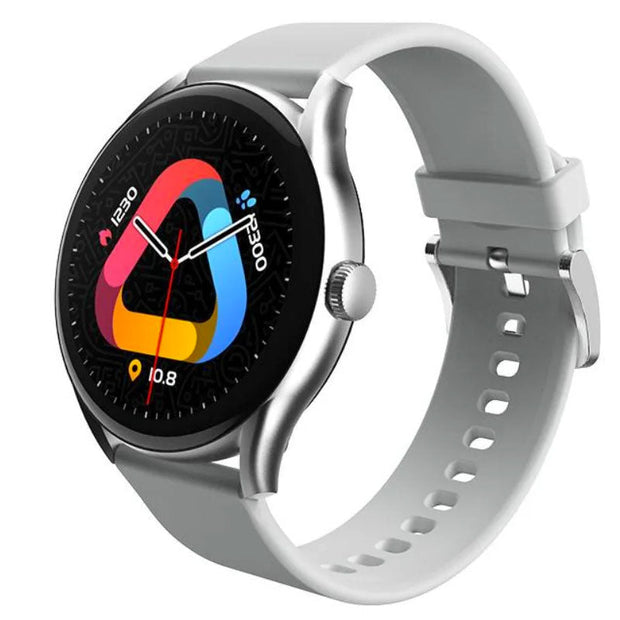 Gray QCY Smart Watch GT 1.43 with a sleek display and fitness tracking features on a black background.