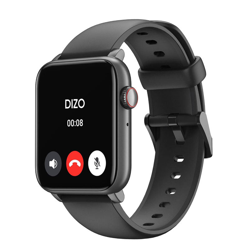 Black Realme Dizo Smart Watch D2 showing a digital display with fitness tracking features and a sleek design.