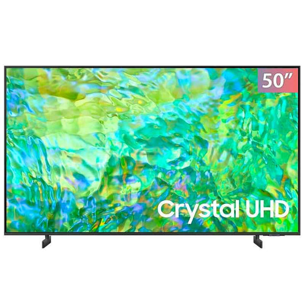 Samsung 50-inch Crystal UHD 4K Smart TV with slim bezel and vibrant display showing on the screen.