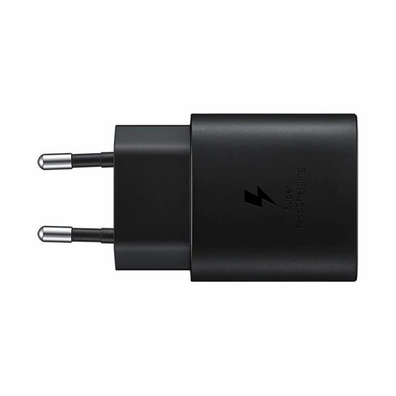 Black Samsung 25W PD Type-C travel charger and adapter for fast charging devices.