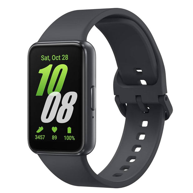 Samsung Galaxy Fit3 SM-R390 smart watch with gray band, showing digital display and fitness tracking features.
