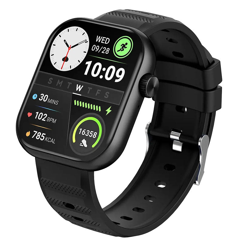 Itel Fit 020 Smart Watch with black band and digital display showing time and health tracking icons.
